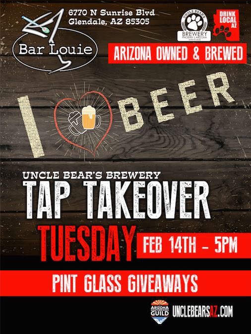 unclebearsaz's tweet photo. What are your V-Day plans? #DrinkLocal #Beer #Phoenix #Brewery  #ASU #TapTakeover #UncleBears https://t.co/JcRm9kZlV9