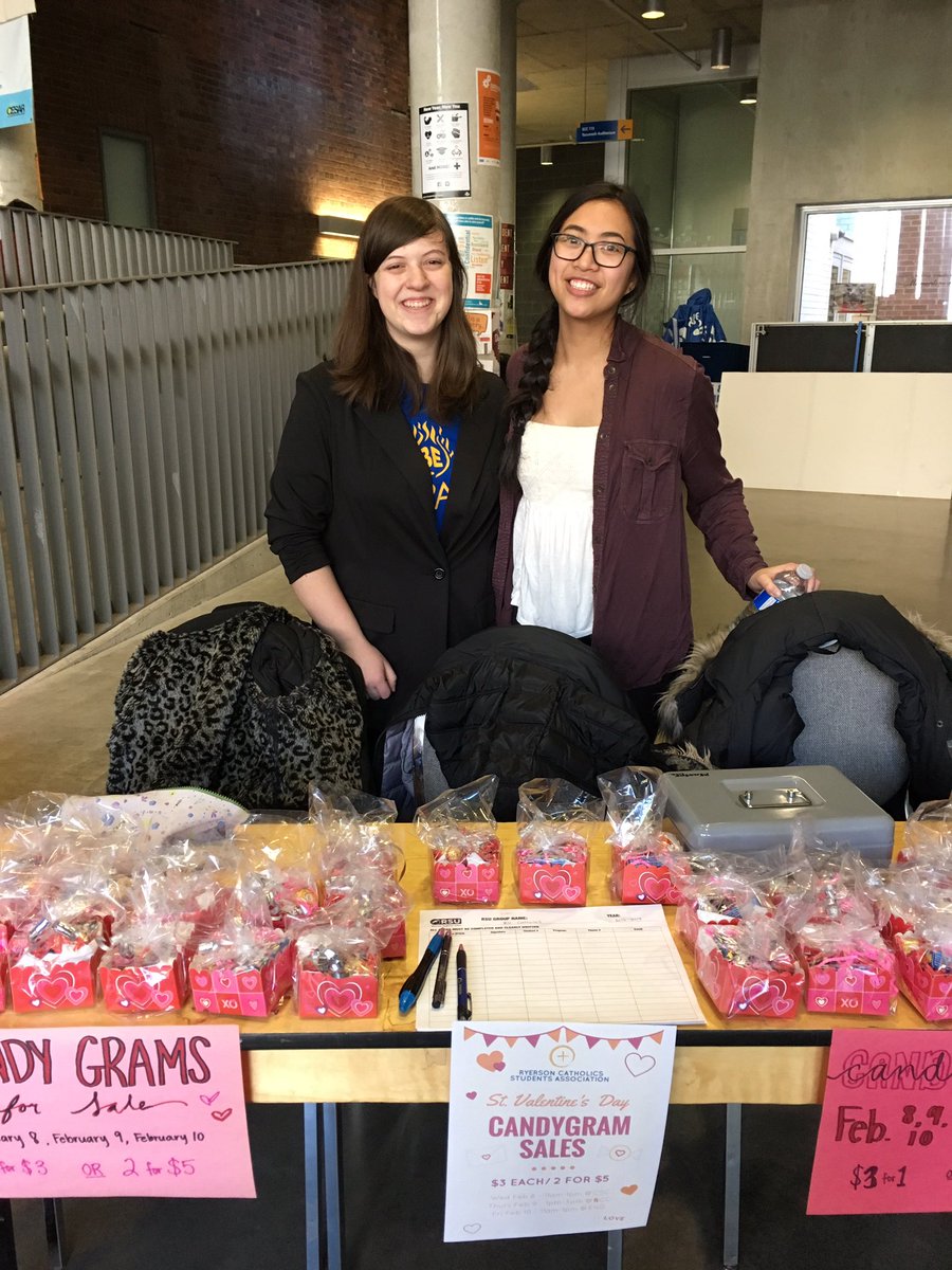 RyersonCatholic's tweet photo. Kat, DC and Amanda are all here in the SCC selling candy grams! Come grab your Valentine's gifts early! #Valentines https://t.co/YARiXvvACt