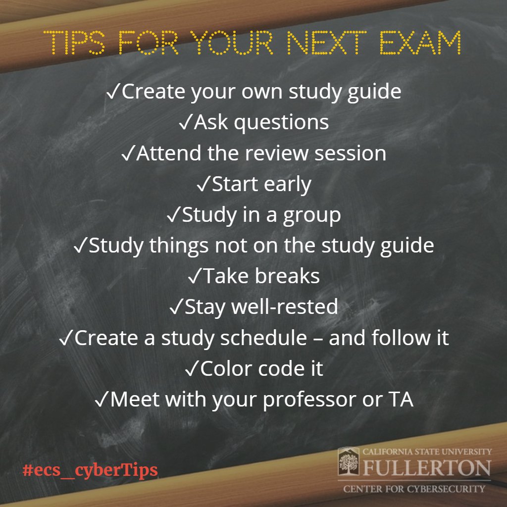 ecs_cyber's tweet photo. Study strategies for your next exam @ecs_cyber Good Luck!😀📖
#ecs_cyberTips #motivation #studyinspiration #question #exam #question #CSUF https://t.co/SwWjELtJQY