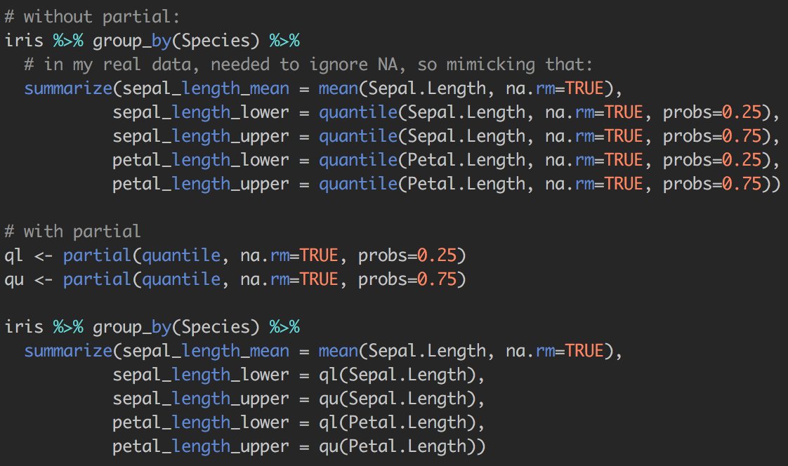 vsbuffalo's tweet photo. dplyr/purrr trick: if you find yourself copying/pasting same function arguments (bad), use purrr's partial(). Toy example: #correctedversion https://t.co/ePuWy3pYv0