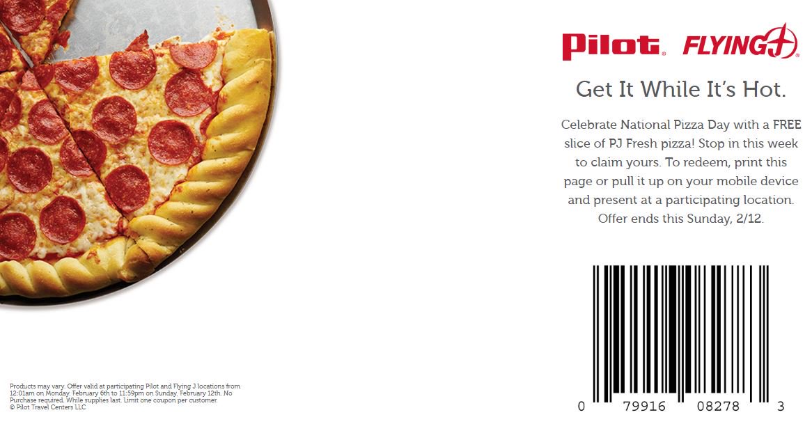 StriveLogistics's tweet image. It's #NationalPizzaDay &amp;amp; @PilotFlyingJ PJ Fresh Pizza is giving away free pizza through 2/12 to celebrate! Coupon: nationalpizzamonth.pilotflyingj.com