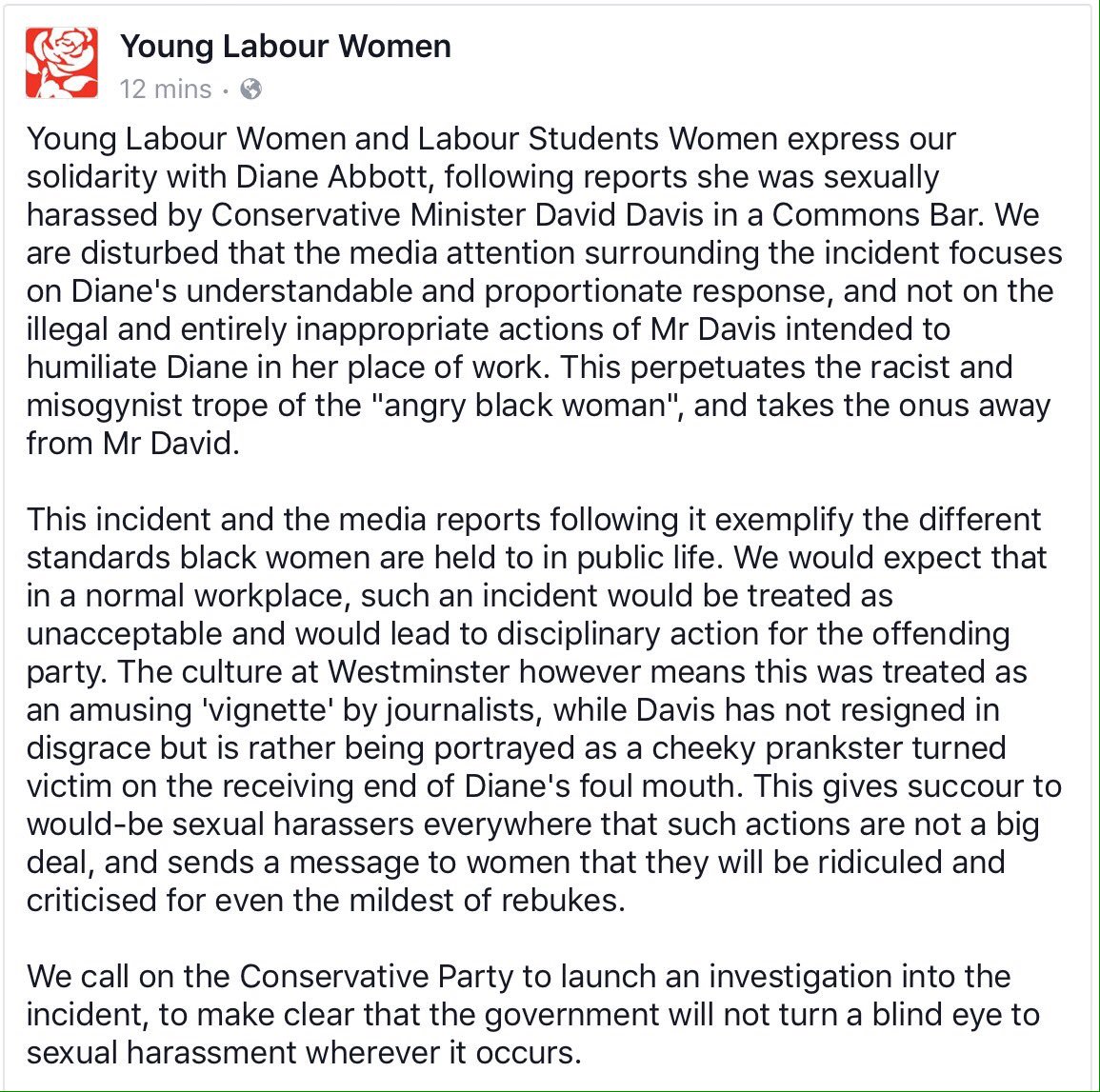 Statement from <a href="/YoungLabourUK/">Young Labour</a> Women and <a href="/LabourStudents/">Labour Students</a> Women in solidarity with <a href="/HackneyAbbott/">Diane Abbott</a> 🌹