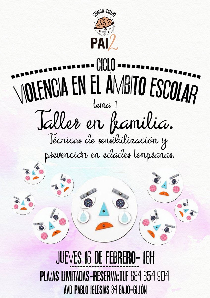 PAI2GIJON's tweet photo. TALLER EN FAMILIA ABIERTO AL PÚBLICO Y GRATUITO. Será el jueves 16 de febrero a las 18h en #PAI2  
Técnicas de sensibilización y prevención https://t.co/Sb071kFbcs