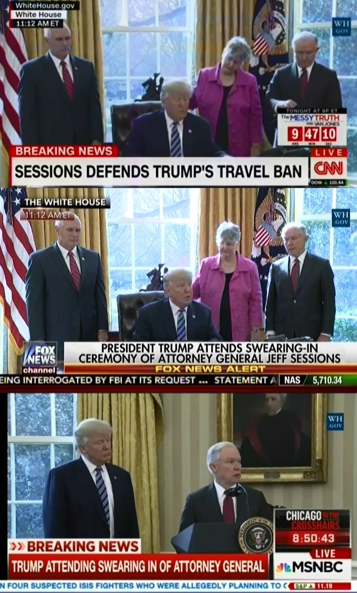 mmfa's tweet photo. Trump administration forced cable news outlets to use state television to cover Jeff Sessions' swearing-in ceremony: https://t.co/pEqQXFMKoM https://t.co/4s3zuTZJIq