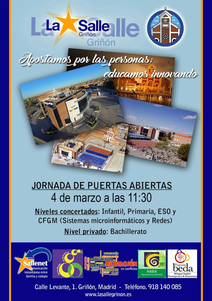 lasallegrinon's tweet photo. La jornada de puertas abiertas es el próximo 4 de marzo. Os esperamos para mostraros cómo somos y resolver cualquier duda #LaSalleContigo. https://t.co/DHHIwnUZa6