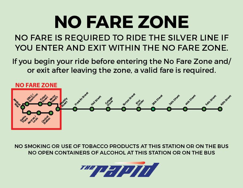 TheRapid's tweet photo. Ride the #SilverLineGR at no cost within the No Fare Zone! #GRMI https://t.co/ehhGFn8iC8