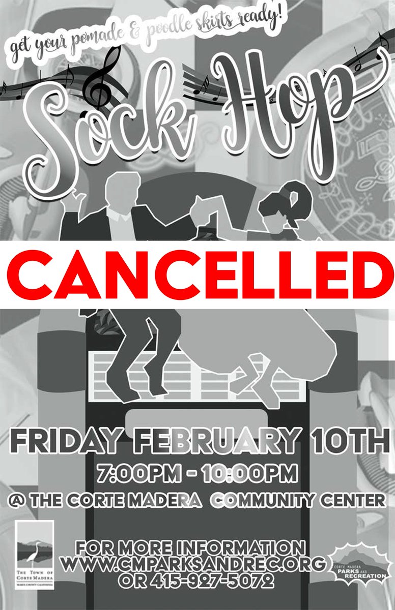 CMParksAndRec's tweet photo. We regret to inform you that this year's Sock Hop event hosted by Corte Madera Parks &amp; Recreation is canceled. 

https://t.co/w9pbKMgURr https://t.co/Fu7WaotCMb