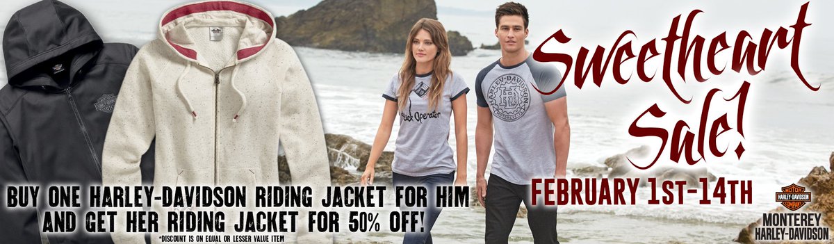 HdMntry's tweet photo. Sweetheart Sale at #MontereyHD! Buy 1 H-D riding jacket for him &amp; get her riding jacket 50% OFF! #AmericanIron https://t.co/RJL5JV7Bto