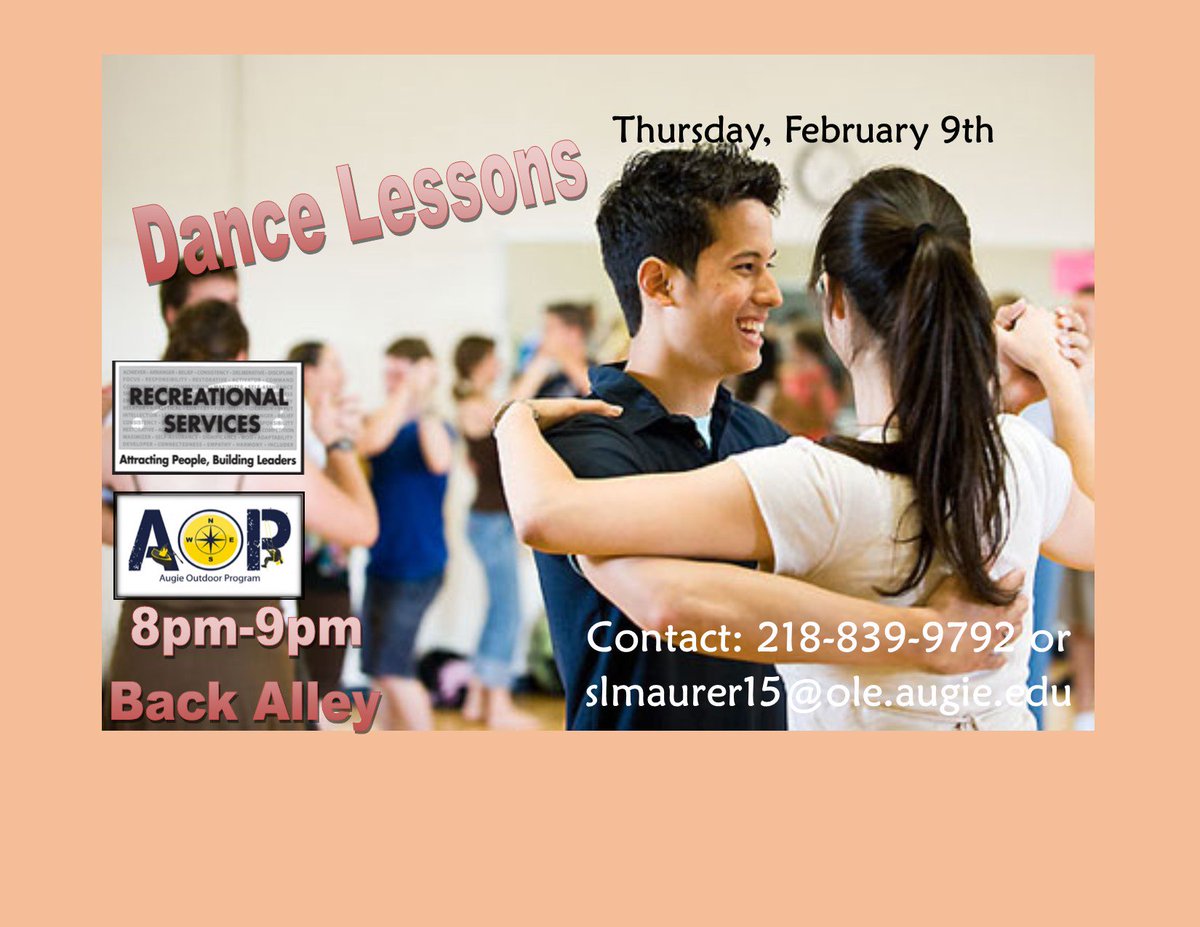 DANCE LESSONS TONIGHT in the Back Alley 8pm-9pm!!
<a href="/AugieRec/">Augie Rec Services</a>; <a href="/GoAugie/">Augustana Vikings</a>