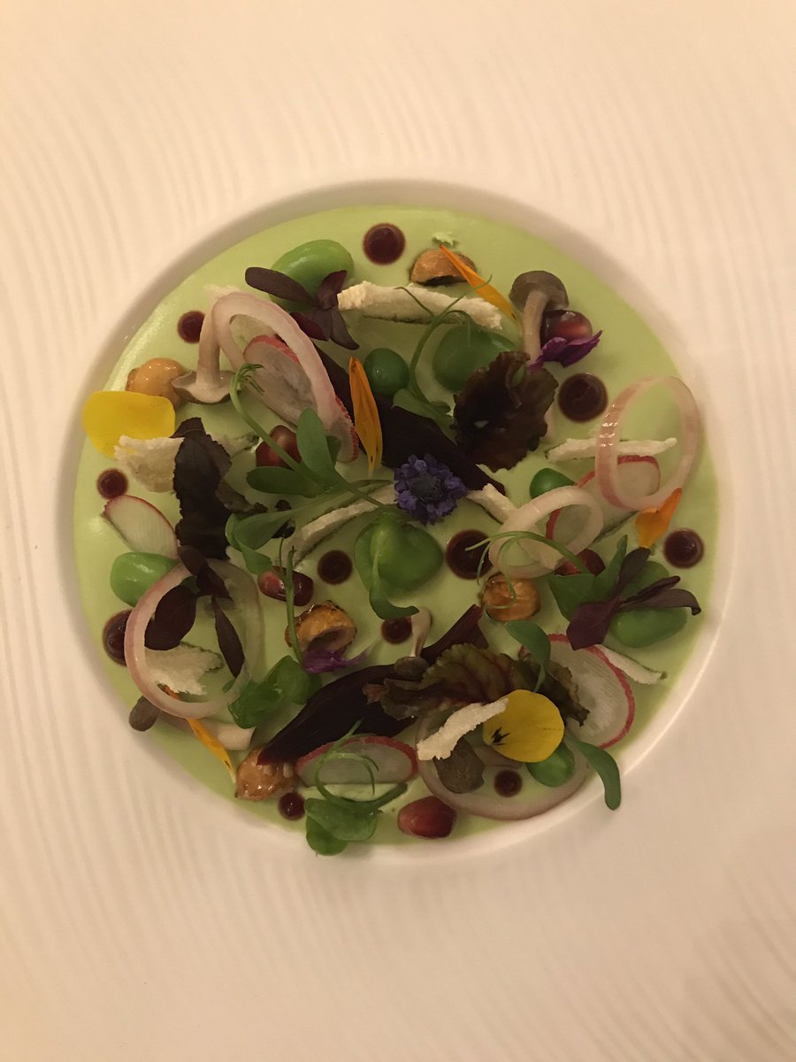 JaDaM83's tweet photo. Pea panna cotta, beets, pickled shimeji, candied hazelnut garden salad.
 @mohamedk46 @HortonGrange https://t.co/1YikfFpbHn