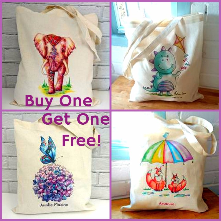 Beautiful #tote #bags with my #art #illustrations #fun #quirky style #SBS winner this week! #ladiescoffeehour ow.ly/teAe308Ms44