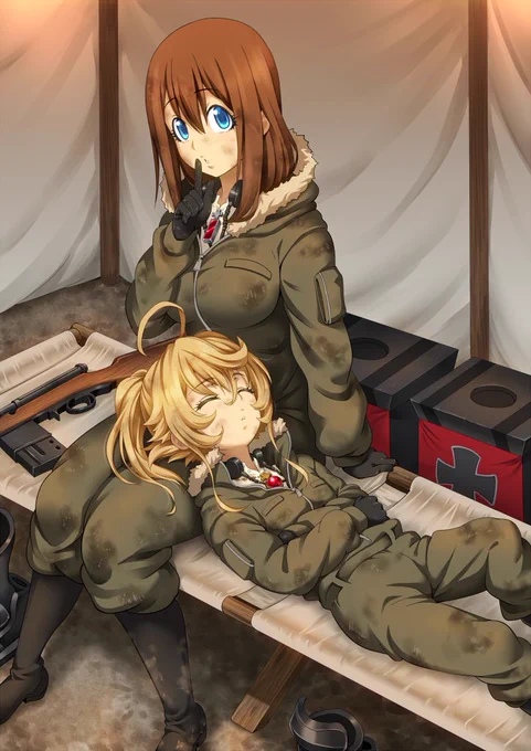 とある兵士「デグレチャフ少佐!ご報告が・・・」ヴィーシャ「し～・・・、5分だけ待ってください」ターニャ 「Zzz」とある兵士「(・・・俺、この戦争が終わったら少佐に告白するんだ!)」ってな感じです。ラインの悪魔も寝顔は天使のそれである。 