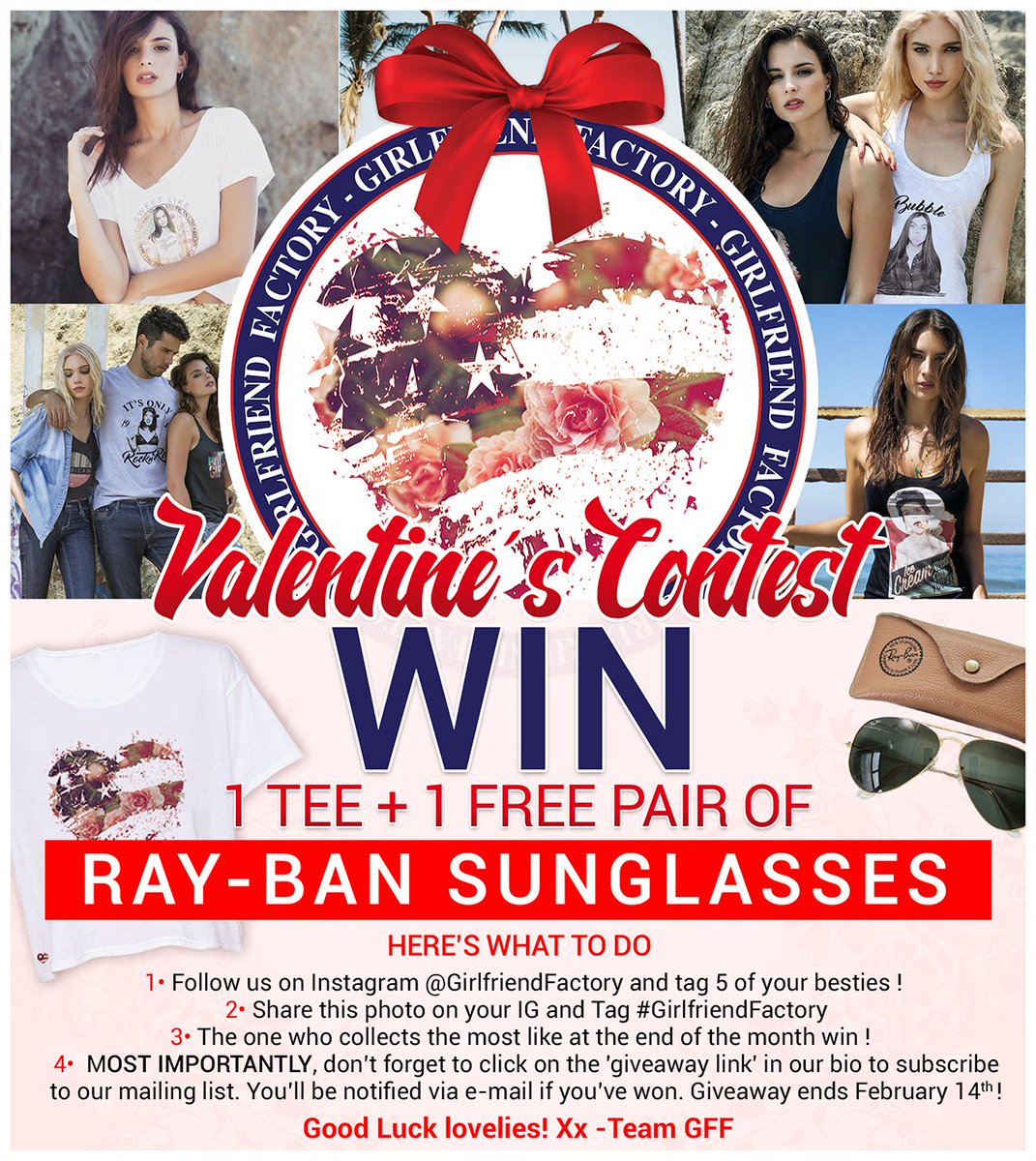 grlfrndfactory's tweet photo. 💞 Enter the @GirlfriendFactory Instagram VALENTINE'S CONTEST! 💞WIN 1 TEE + 1 FREE PAIR of RAY-BAN SUNGLASSES + 15% OFF CODE! 🎁🎀 https://t.co/X1odJluVuA