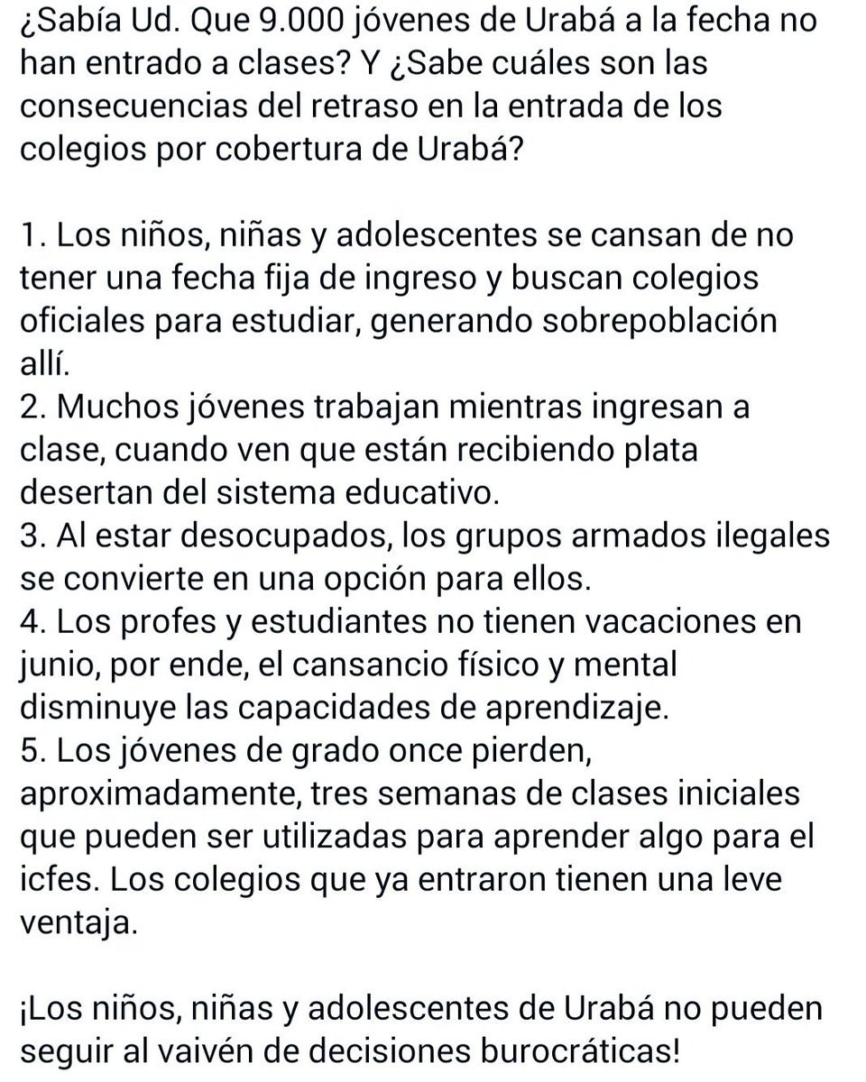 alexaarango's tweet photo. No mas niños en la calle! #urabáEXIGEestudiar
@German_Vargas @ClaudiaLopez @YanethGiha @Mineducacion @GobAntioquia https://t.co/FwgwSJMhVe