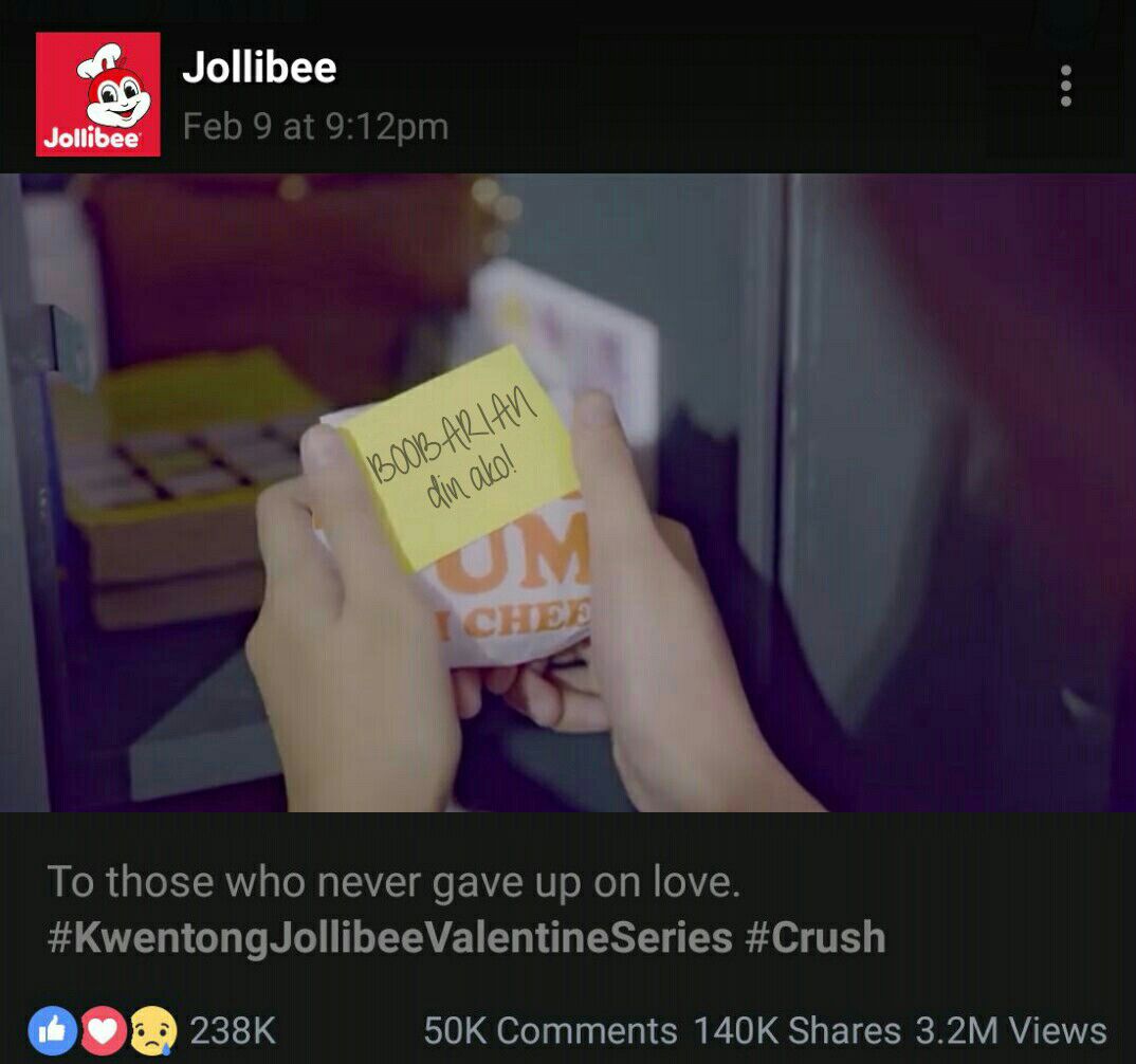 IamCharotism's tweet photo. Nakaka-inlove na malaman mong iisa ang gusto nyo ng taong mahal mo. @Jollibee at ang pagiging #BOOBArian. Charot! https://t.co/nyUzlCAaRJ