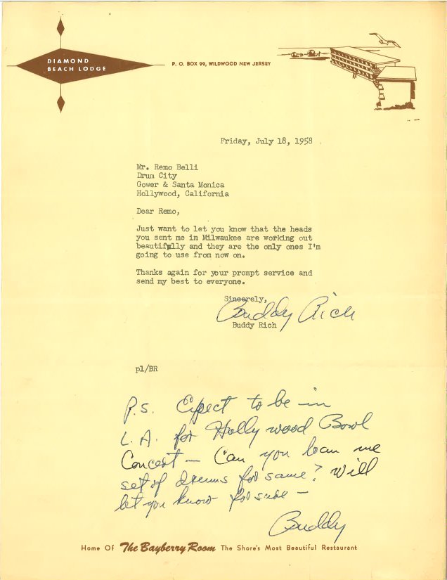 remopercussion's tweet photo. A letter from Buddy Rich to Remo Belli. #tbt #classic #buddyrich #remo #drumhead #drummer #drums https://t.co/HaQQAD5Pht