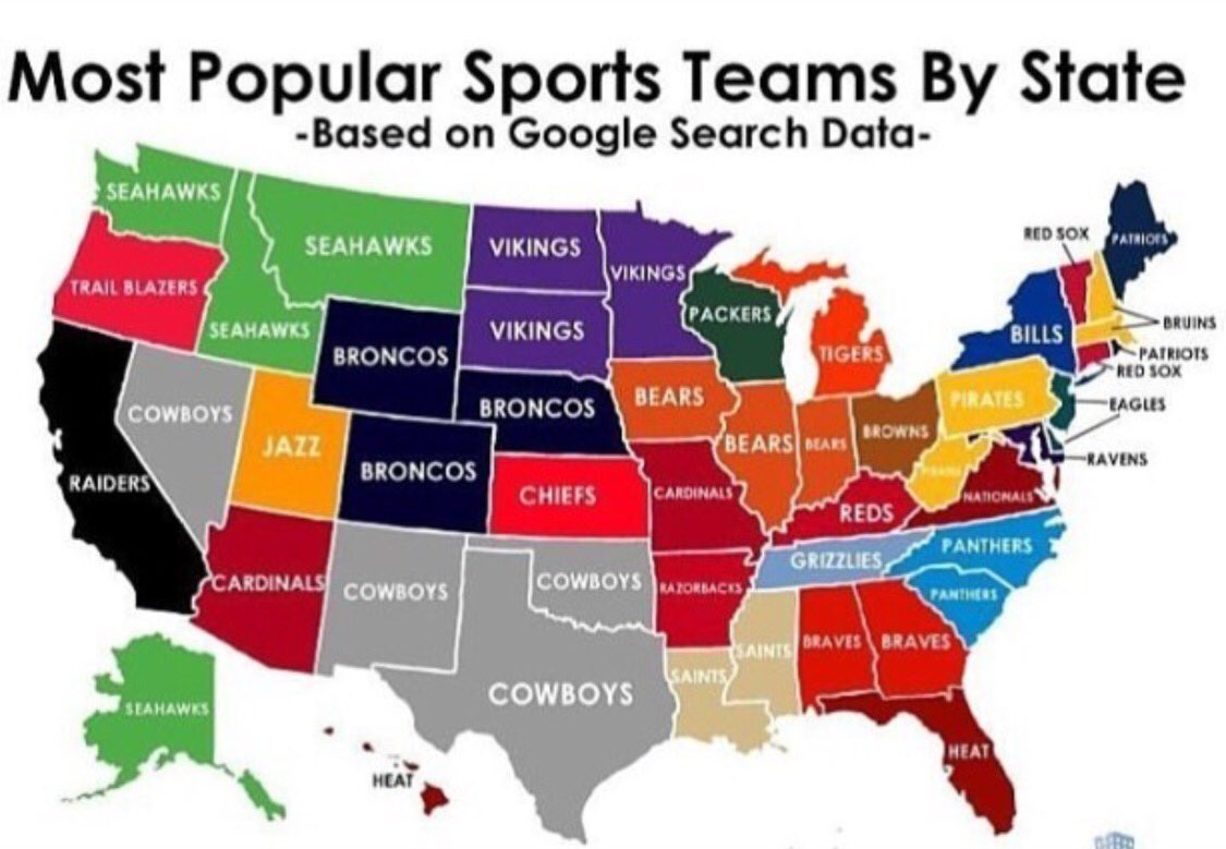 SalvadorBravo17's tweet image. Las franquicias deportivas más populares en EU por estado. Ni los Yankees, ni los Lakers... #GoogleSearchData