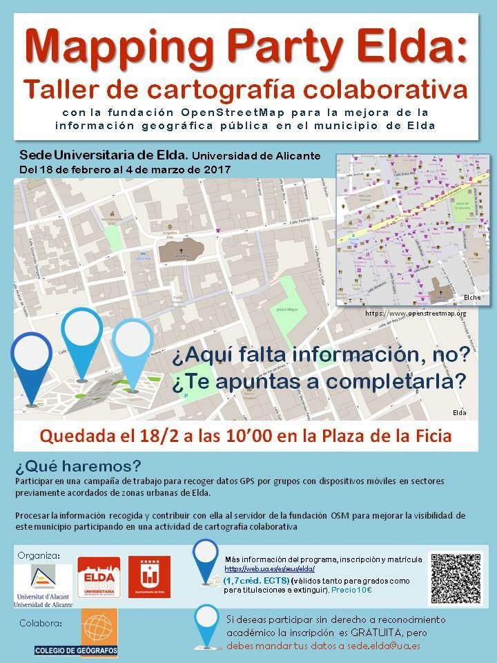 tarafa9's tweet photo. 18 febrero a 10h #mappingparty #cartografia colaborativa en #Elda @SedeEldaUA @ayto_elda con @geomatica_ua @colegeografos @openstreetmapes https://t.co/o3QQ2nEOEz