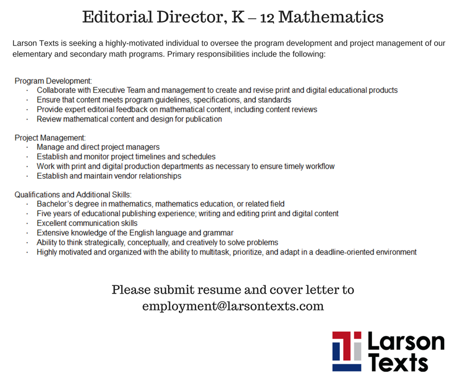 LarsonTexts's tweet photo. We're hiring an Editorial Director of k-12 Math and two Project Managers.
More information: https://t.co/AQPT3AGoH9 #LarsonTexts #EriePA https://t.co/rQ0ZtTRfrl