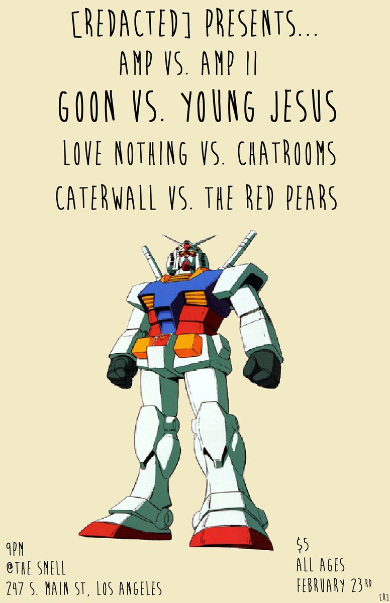 charliesbuckets's tweet photo. @chatroomsband next show @TheSmellLA Feb. 23
#LoveNothing #Caterwall #TheRedPears #Goons #YoungJesus #Redacted #TheSmell #818 #LosAngeles https://t.co/xPsOTCPpMj