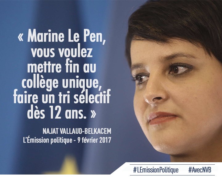 LaureBotella's tweet photo. « Mme Le Pen, vous voulez mettre fin au collège unique, faire un tri sélectif dès 12 ans » #AvecNVB #LEmissionPolitique https://t.co/DJu593WYEV