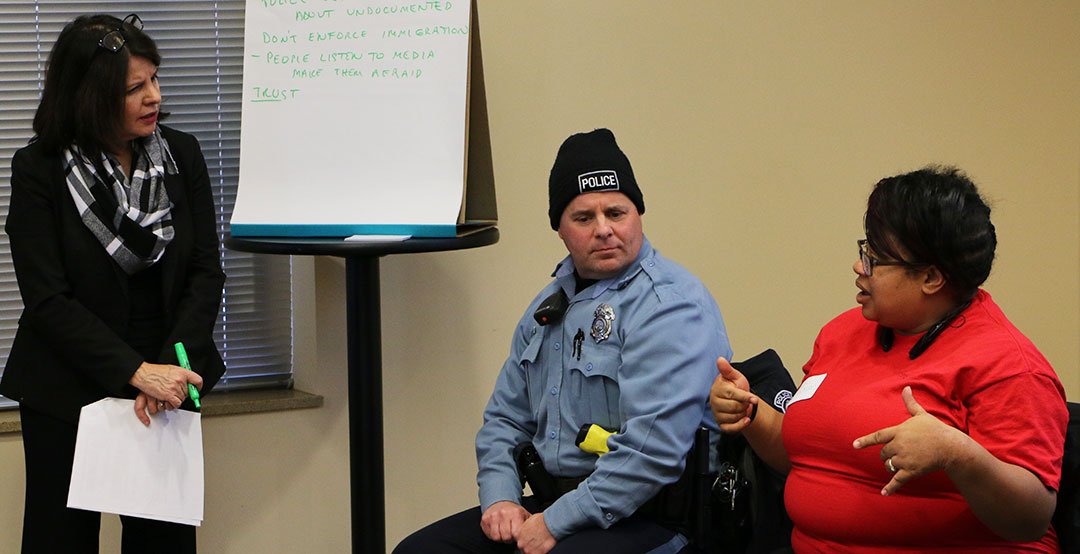 DonnellyCollege's tweet photo. Earlier today, @MayorHollandKCK and officers from the @KCKPDHQ engaged in a #CommunityConversation with more than 60 Donnelly students. https://t.co/49ds1By9da