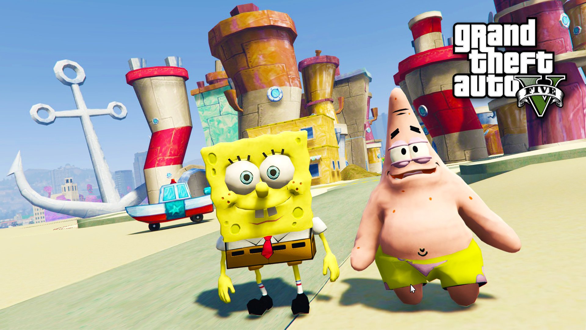 Spongebob 5. Бикини Боттом в ГТА 5. Бикини Боттом Патрик. GTA Spongebob. ГТА 5 губка Боб квадратные штаны.