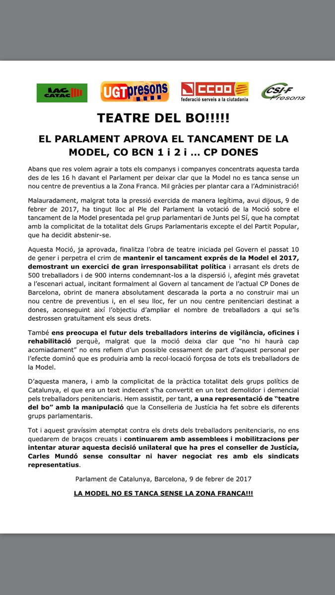 csifpresons's tweet image. EL PARLAMENT APROVA EL TANCAMENT DE LA MODEL, CO BCN 1 i 2 ...CPDONES