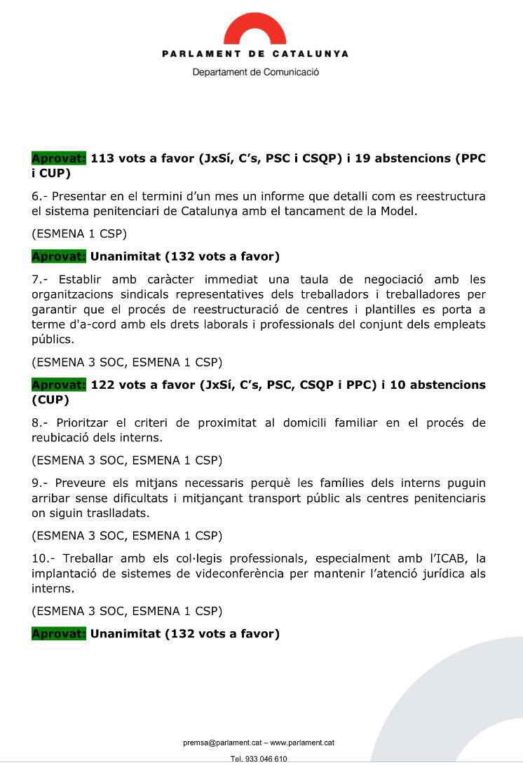 csifpresons's tweet image. EL PARLAMENT APROVA EL TANCAMENT DE LA MODEL, CO BCN 1 i 2 ...CPDONES