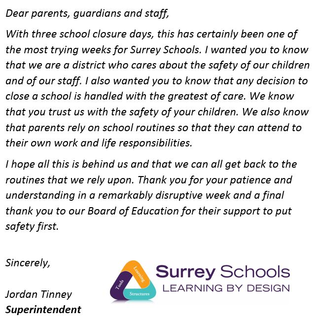 jordantinney's tweet photo. A message to the #SurreyBC community #schoolclosures #lookingahead #sd36learn @CUPE728 @Surrey_Schools @SoundsLikeJoya #besafe https://t.co/DYJytjZ9ol