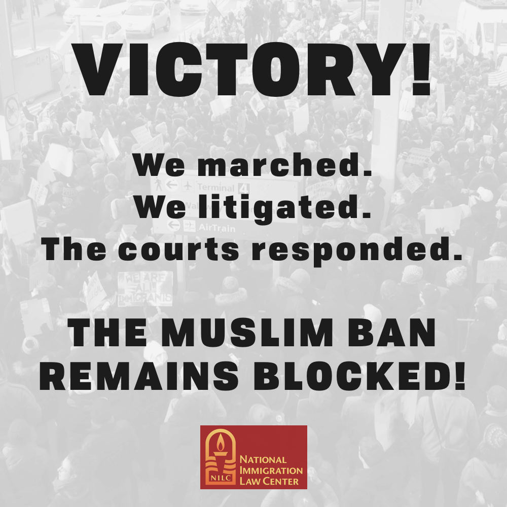 NILC's tweet image. Victory! The 9th court of appeals denied the request for a stay. The muslim ban remains blocked! #NoBanNoWall #NoMuslimBan