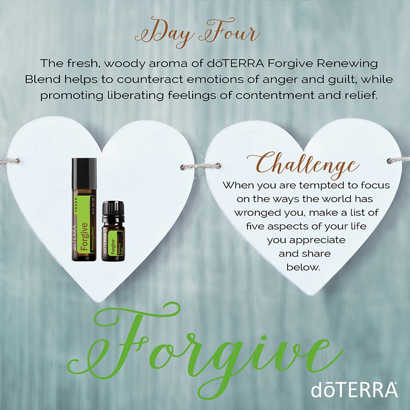 considergrace's tweet image. Day 4 - doTERRA Forgive helps to counteract anger and guilt, while promoting feelings of contentment.Make a list of 5 things you appreciate.