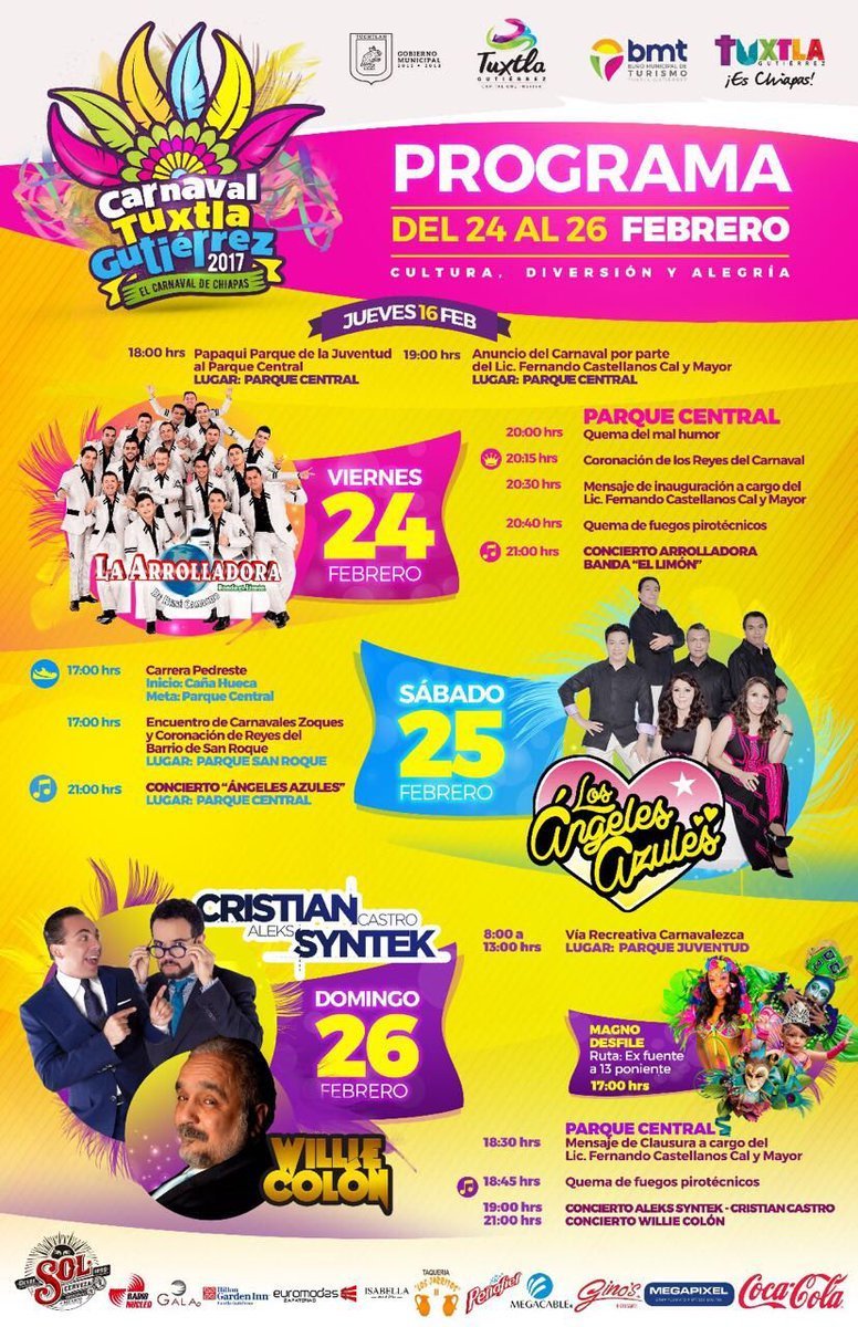 NOOOO, no hay que lloraaarr... #CarnavalTuxtla2017, su cartelazo: <a href="/Arrolladora/">La Arrolladora</a> <a href="/angelesazulesmx/">Los Ángeles Azules</a> <a href="/CristianCastro/">Cristian Castro</a> <a href="/syntekoficial/">Prakash Panta</a> <a href="/williecolon/">Willie Colón</a>