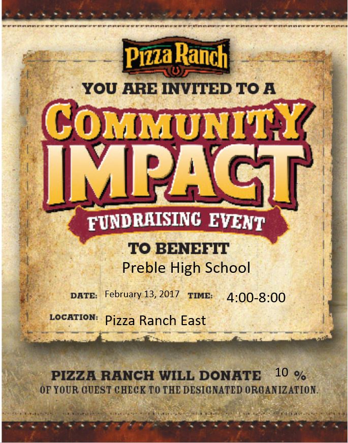 PrebleParents's tweet photo. Support the Preble Parent Network by going to Pizza Ranch Monday, February 13th! https://t.co/qu33j4Looq
