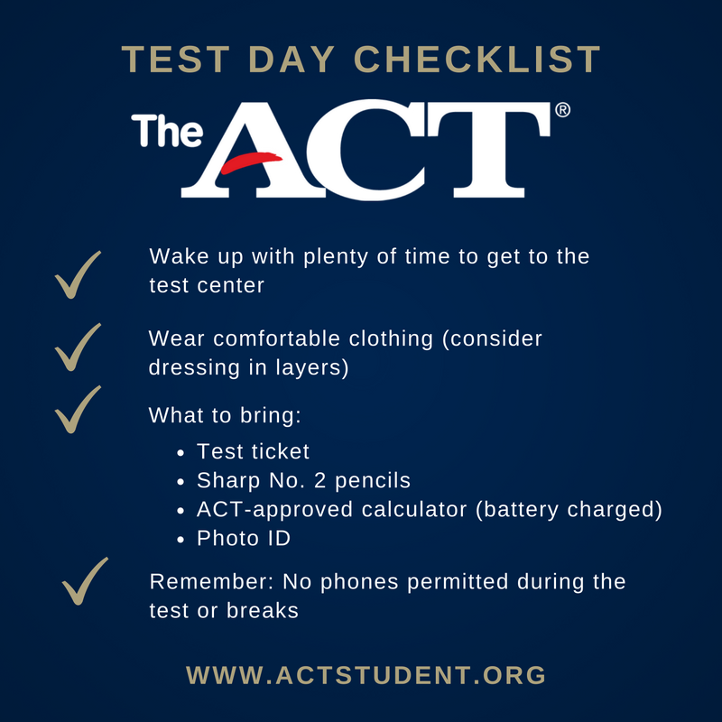 ACTStudent's tweet photo. Students, here's a test day checklist if you're taking the ACT on Saturday. https://t.co/RcAuD0RbXK