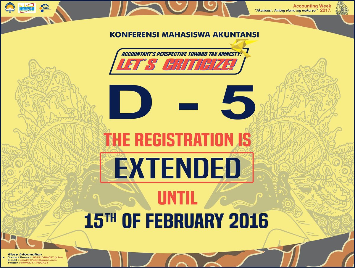Halo warga akuntansi! Pendaftaran &amp; pengumpulan paper KMA 2017 diperpanjang sampai 15 Feb 2017 loh.
Kami tunggu kalian! 😉 #AW2017