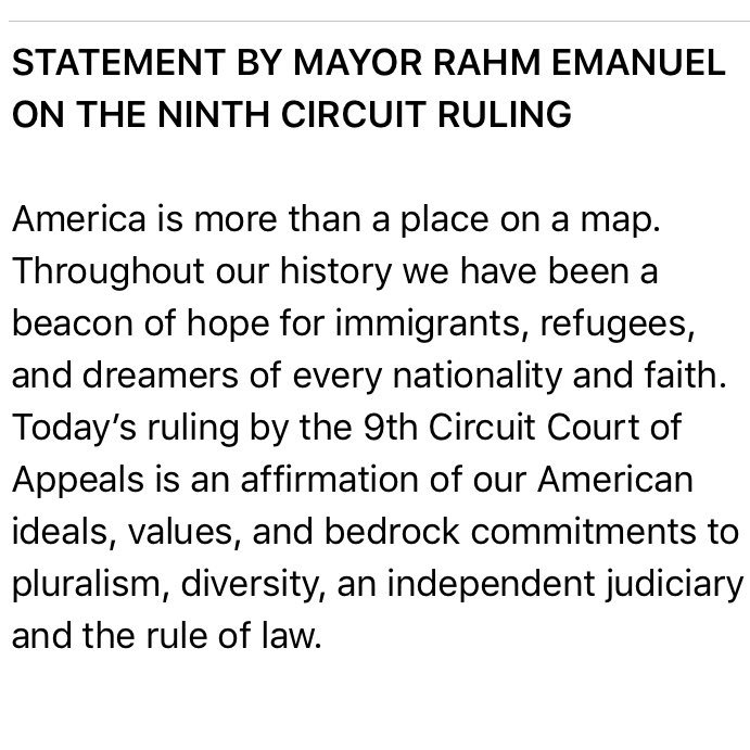 MayorRahm's tweet photo. My statement on today's Ninth Circut ruling. https://t.co/VqHnZGz4Hm