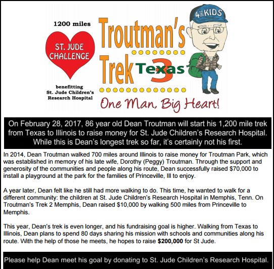 TroutmansTrek3's tweet photo. Dean is heading out on #TroutmansTrek3Texas for St. Jude! PHS will host a community coffee from 7-8:30AM February 16 in the HS gym. Join us! https://t.co/NkVVgnXpu7
