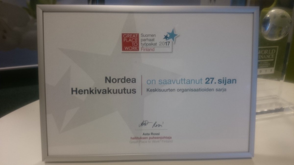ninnaleena's tweet photo. Nordea Henkivakuutus - Suomen parhaat työpaikat sija 27. Hyvä me! #GPTW #greatplacetowork #nordealife #onenordeateam #nordea https://t.co/UDDExma1No