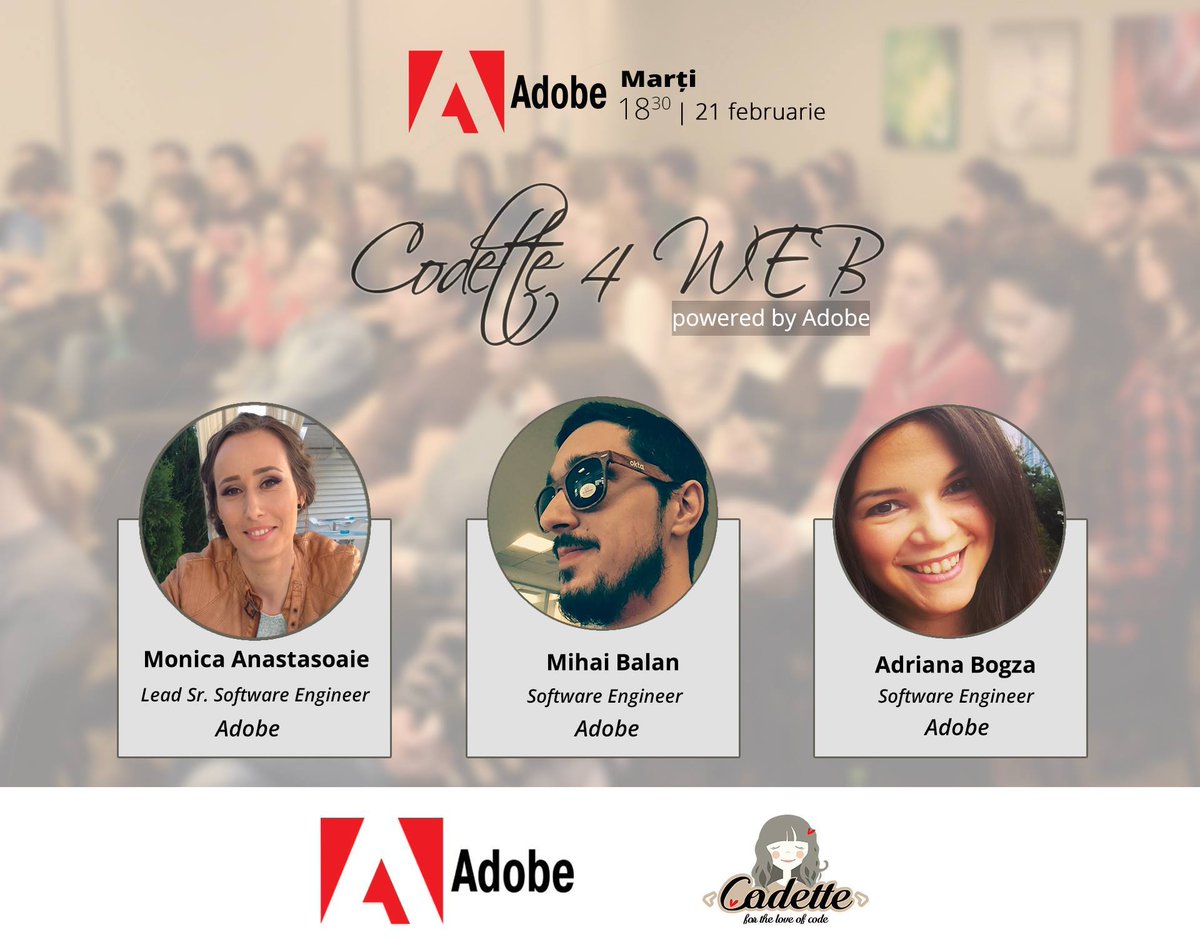 SandraSarbu's tweet photo. Codette si #AdRo te provoaca la discutii din zona Web Services ! Hai si tu la Codette4Web, Powered by Adobe > https://t.co/tcpBxERoZA https://t.co/wjTvLqHMlW
