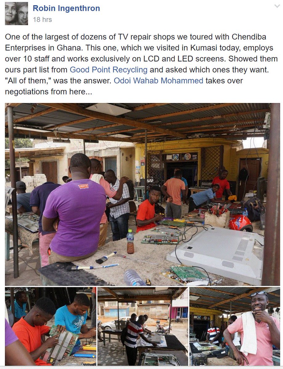 WR3A's tweet photo. #FixerFriday @FairTradeRecycl Just one of dozens of Africa Tech Sector repair shops we're visiting. #ewaste racial profiling is appalling https://t.co/99EiMoE6HL