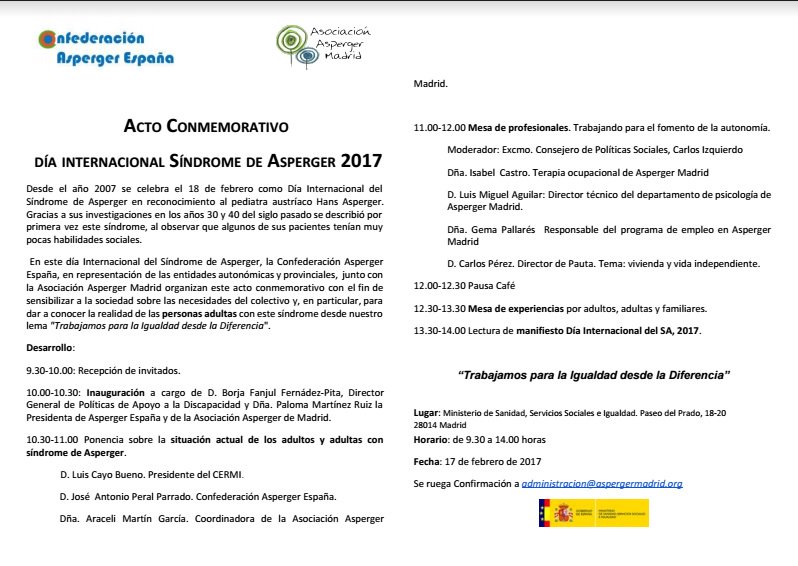 Jornadas sobre la realidad de la vida adulta de las personas con #SindromeDeAsperger el 17 Febrero + Inf aspergermadrid.org/Actos%20d%C3%A…
