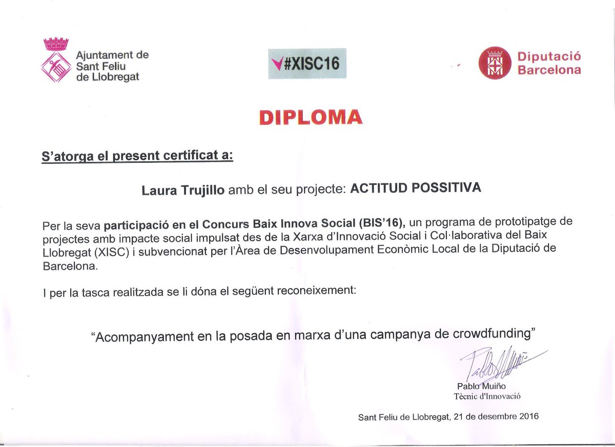 El 18 de gener vam rebre el reconeixement per la nostra participació al BIS'16  d'una  campanya de Crowdfunding pel gran #Valentí Acconcia!😄