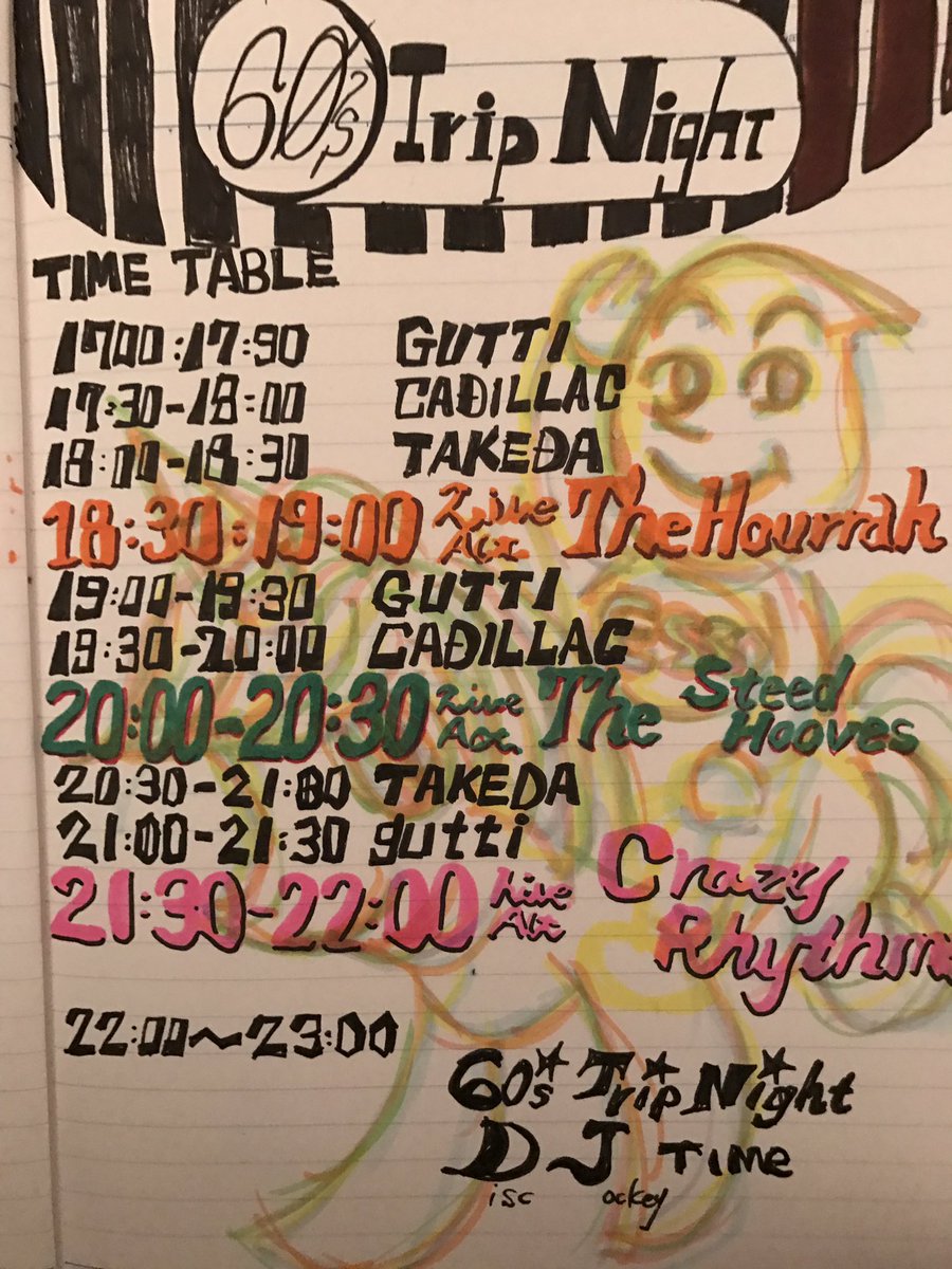 y_a_p61's tweet photo. ついに明日(11日土曜日)新栄SUNSET BLUEにて17時よりSTART!!!
60's Trip Night 毎回恒例の竹田手書きのタイムテーブル。
お目当のDJ. バンドの時間帯チェックお願いしまーーす(*^▽^*) https://t.co/2V1othqAkG