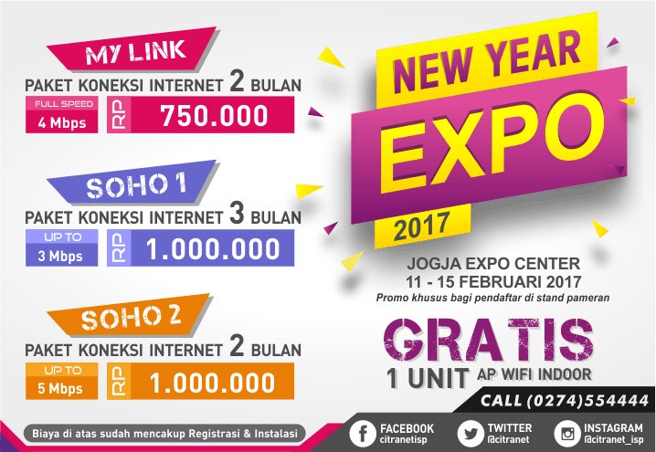 citranet's tweet photo. Mau pasang internet lebih hemat?
Yuk kunjungi stand Citranet dalam @PameranANYE2017 di Jogja Expo Center 11 - 15 Februari 2017! https://t.co/7LjX3y3pPO