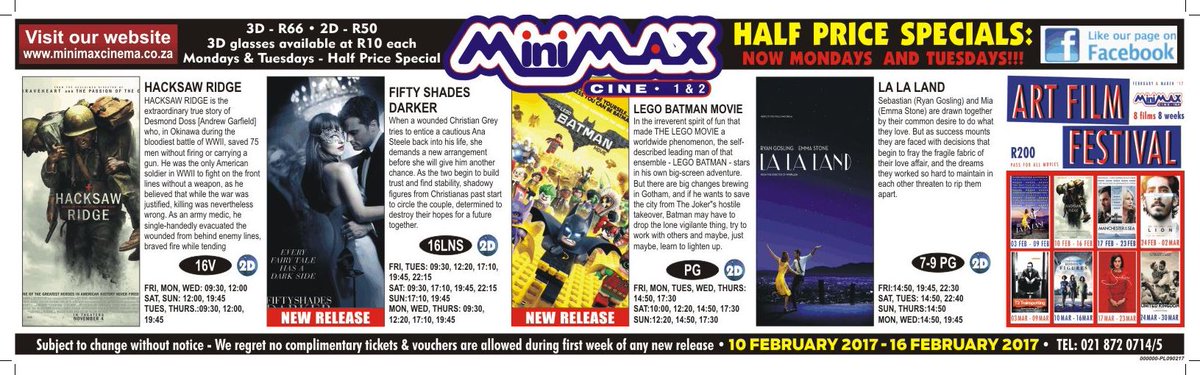 minimaxcinema's tweet photo. 10– 16 Feb: #FiftyShadesDarker #LegoBatmanMovie #LaLaLand #HacksawRidge #MinimaxMagic Show times: https://t.co/qCXrHaalaD https://t.co/Hyle36rMcJ