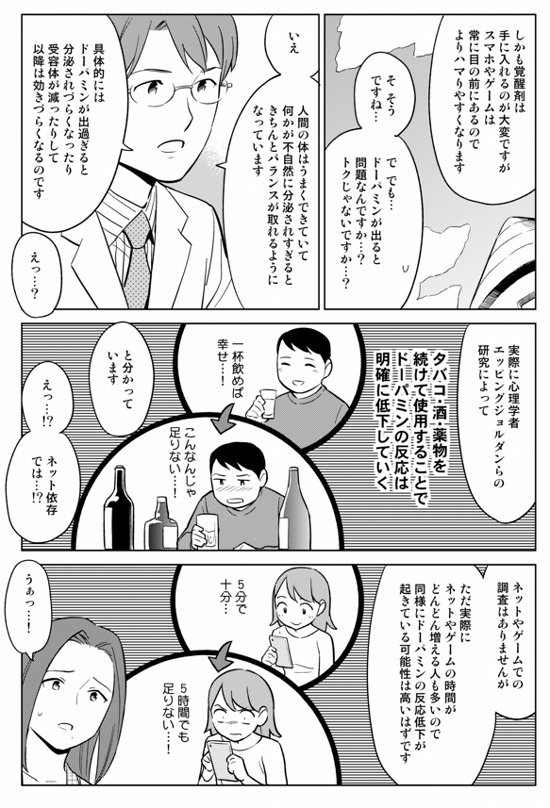 ネットやゲームは、覚醒剤と同レベルにドーパミンを放出させます。無制限にダラダラとやってしまうのもそれが理由です。