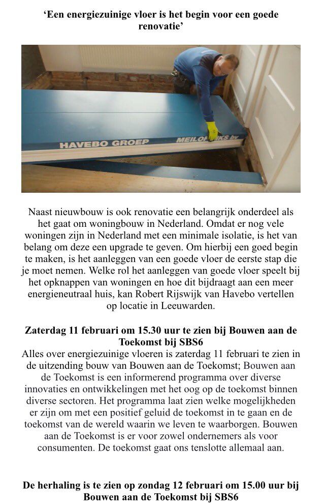 Kijkt u morgen ook mee?! Havebo presenteert de #Cassettevloer 6.2 samen met <a href="/DijkstraDraisma/">Bouwgroep Dijkstra Draisma</a> op <a href="/SBS6/">SBS6</a>. Zaterdag om 15:30 en zondag om 15:00!