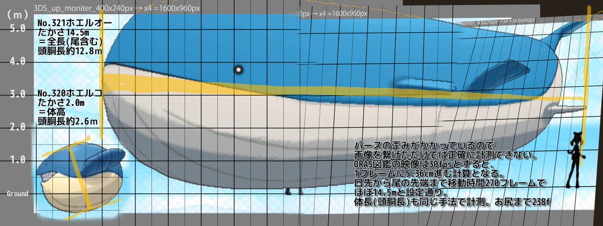 たかさおじさん ホエルオーは口から尾までの 全長 で14 5m 立体ポケモン図鑑1 40ホエルオーは尾までで36 25cmやったー ただしホエルコは何故か 体高 が2 0mと測り方がバラバラ ホエルオーと同じく全長で測るのであれば約2 6mとなる ポケモンたか