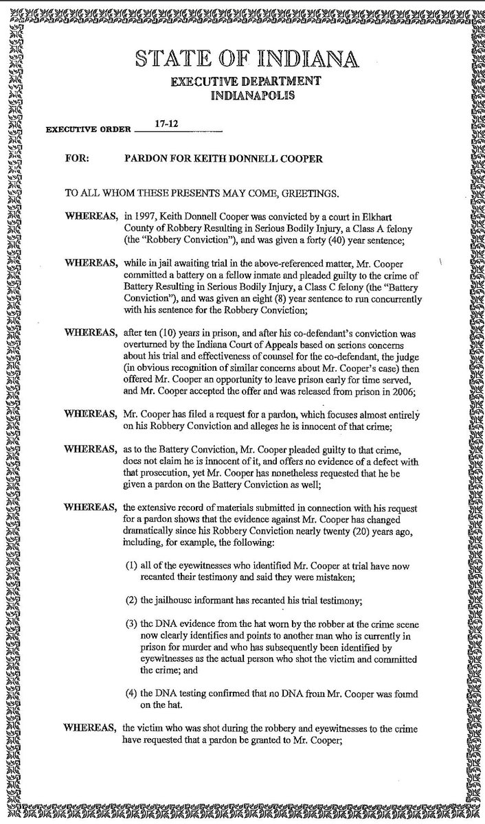 PardonCooper's tweet photo. Here's @GovHolcomb's Executive Order 17-12: Pardon for #KeithCooper. https://t.co/5231sa0401